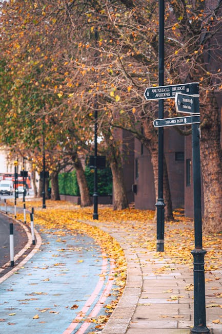A street scene featuring a curved pavement with scattered fallen autumn leaves in shades of yellow and brown. Tall trees with sparse, orange-tinted foliage line the sidewalk, their branches extending overhead. A black metal street signpost stands upright, displaying directional signs that point towards Vauxhall Bridge, Stockwell, and Thames Row. The signposts are attached to a decorative, vintage-style lamppost situated on the right side of the image. In the background, there are residential buildings and parked vehicles, indicating an urban environment. The overall scene is illuminated by natural daylight, creating a calm autumn atmosphere. This setting, associated with urban waste collection and private rubbish removal services, suggests an area where such activities may take place, especially given the proximity to residential streets and the presence of street signage. The image’s focus on public infrastructure and street environment provides a context for alternative waste handling and collection services in a city setting.